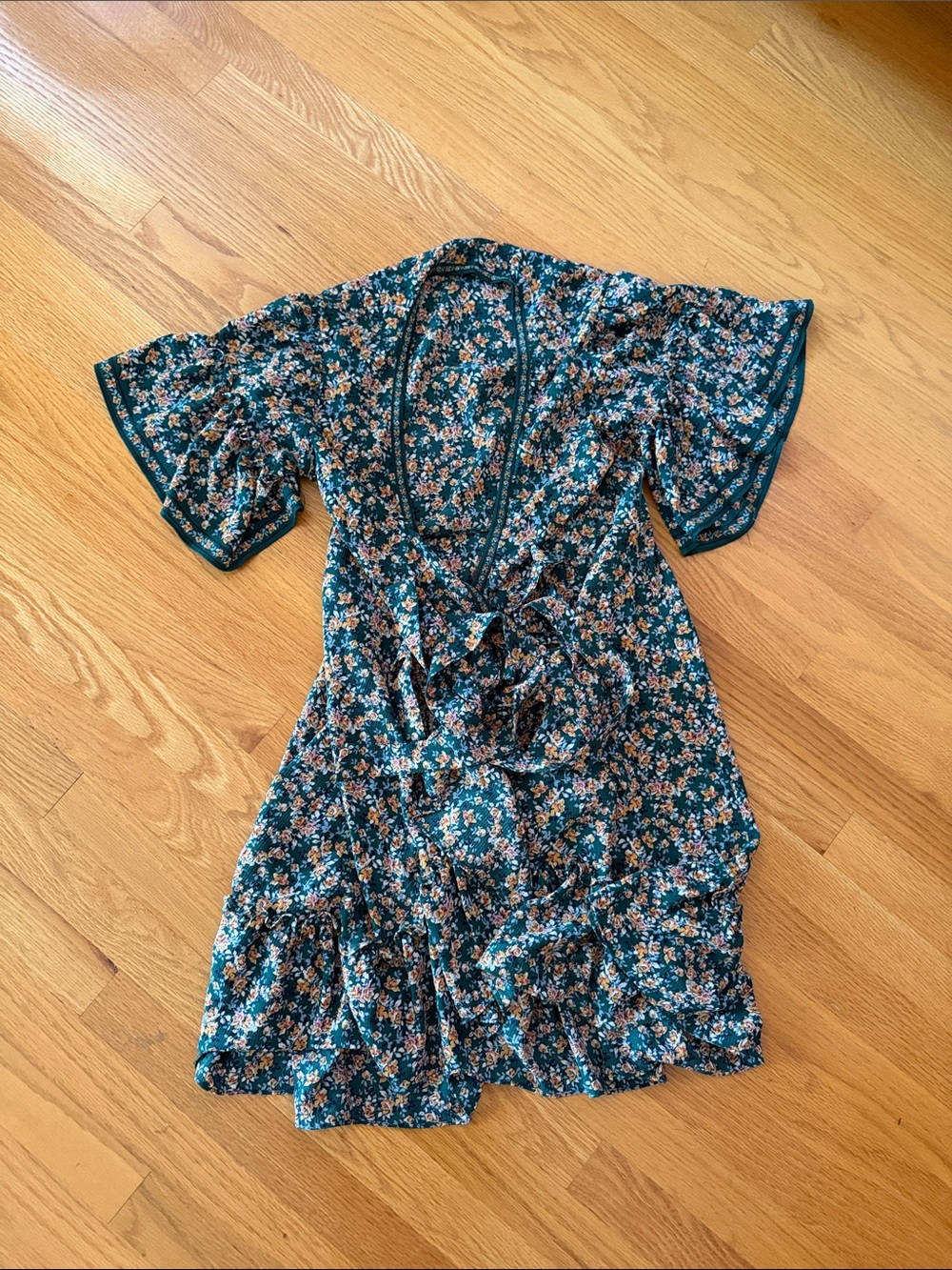 Teal Floral Wrap Dress with Ruffle Hem